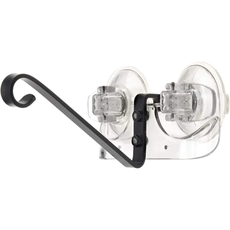 Window mounted bird feeder bracket with strong suction cups for easy outdoor installation. Holds bird feeders securely