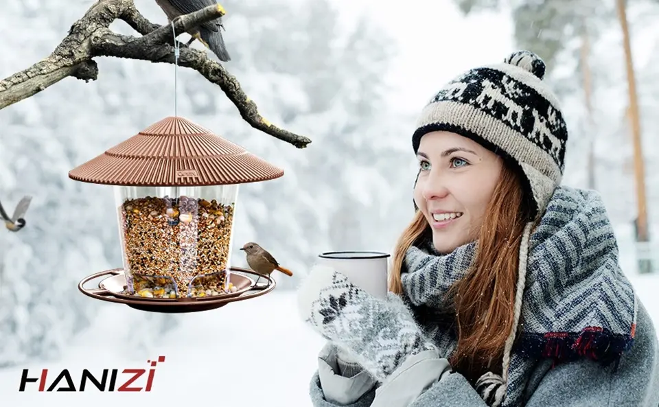 Squirrel Proof Hanging Bird Feeder for Outdoor Wild Bird Seed 2 Squirrel-proof hanging bird feeder in a snowy winter setting with a woman and birds