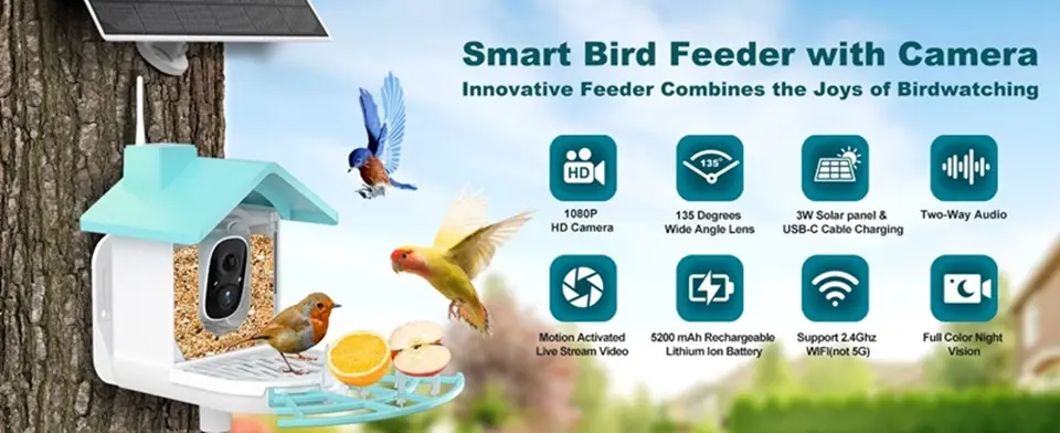 1080 HD Squirrel Proof Bird Feeder with Camera - AI, Solar Panel 1 Smart outdoor bird feeder camera with solar power, wide-angle lens, and bird-attracting design for enjoyable bird watching