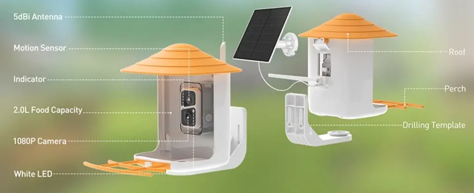 Wireless Bird Feeder Camera with AI Identify Bird Species 6 Wireless bird feeder camera features and components: antenna, motion sensor, camera, LED, perch, etc