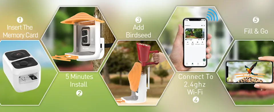 Wireless Bird Feeder Camera with AI Identify Bird Species 5 Wireless bird feeder camera setup guide showing installation steps and Wi-Fi connection