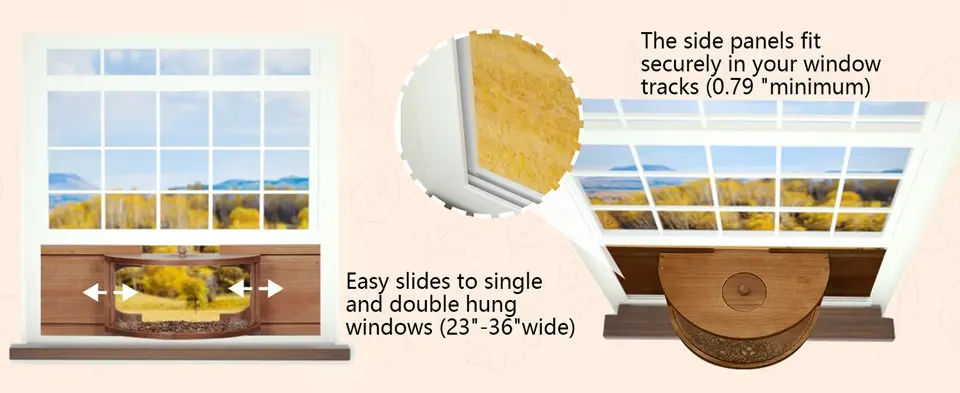 180° Clear View Wooden Window Bird Feeder - Fits 23-36" Windows 4 Wooden window bird feeder compatible with 23-36" single and double-hung windows. Requires 0.79" minimum track depth