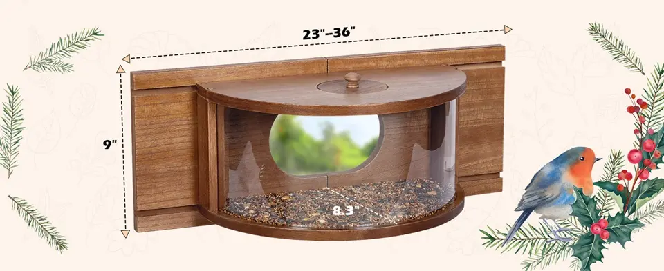 180° Clear View Wooden Window Bird Feeder - Fits 23-36" Windows 2 Wooden window bird feeder with dimensions ranging from 23 to 36 inches wide and 9 inches tall