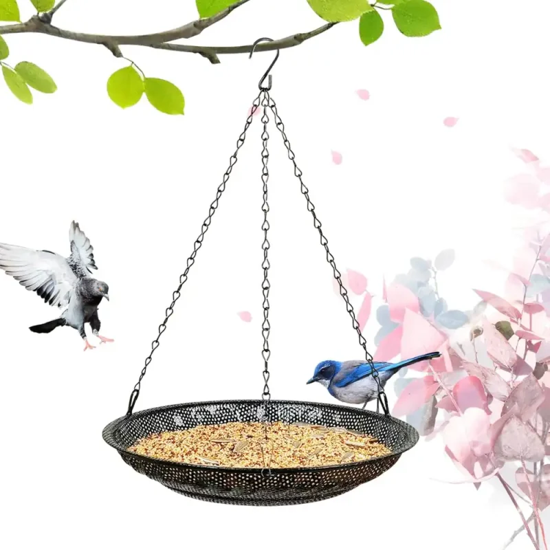 two birds at an 11.8-inch large platform hanging bird feeder with stainless steel mesh tray