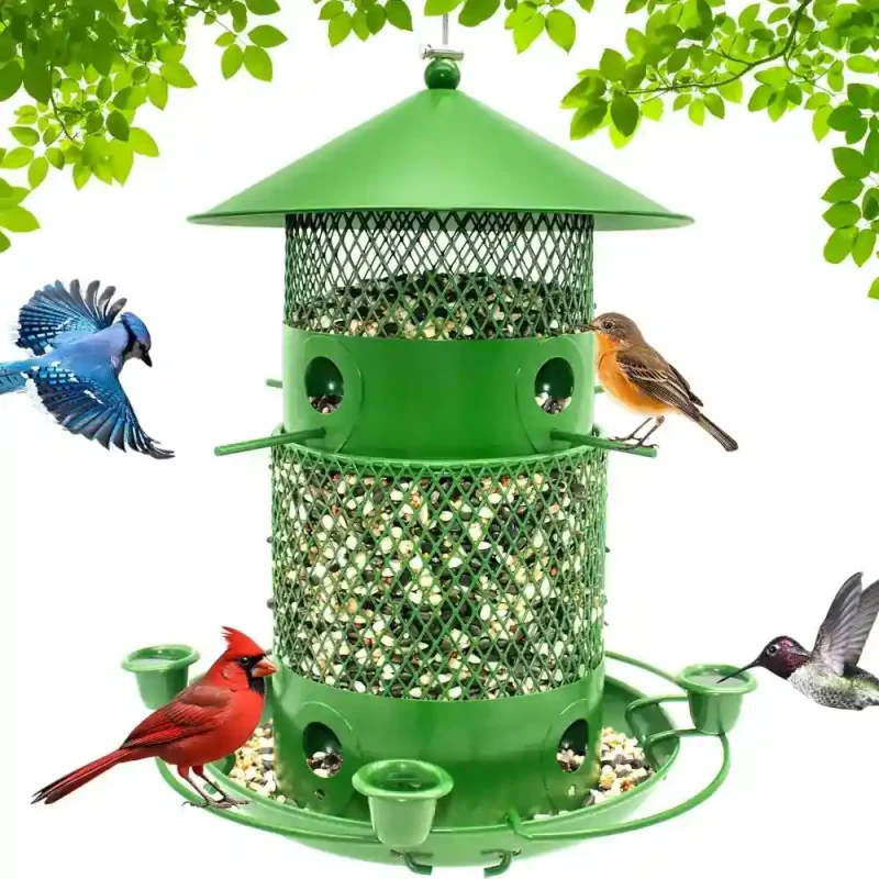 Squirrel-proof metal bird feeder with a 6 lbs capacity, attracting blue jays, cardinals, and finches