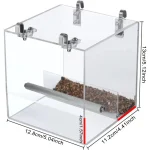 acrylic small bird feeder cage, dimensions 13x12.8x11.2cm, designed for small birds. Clear design for easy monitoring