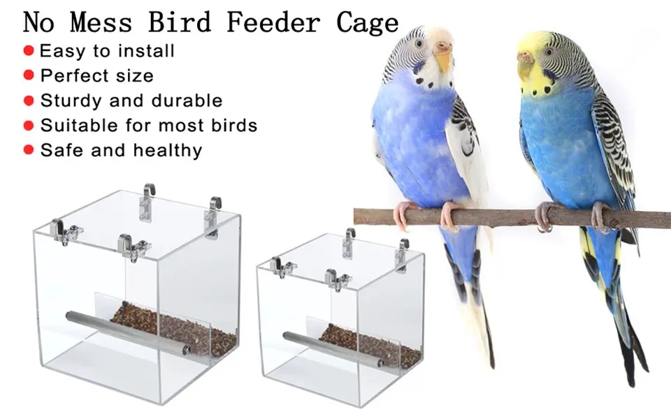 No Mess Acrylic Small Bird Feeder Cage - Auto Seed Dispenser 1 clear acrylic small bird feeder cage ideal for parakeets (budgies). Easy to install, sturdy, and safe for small birds