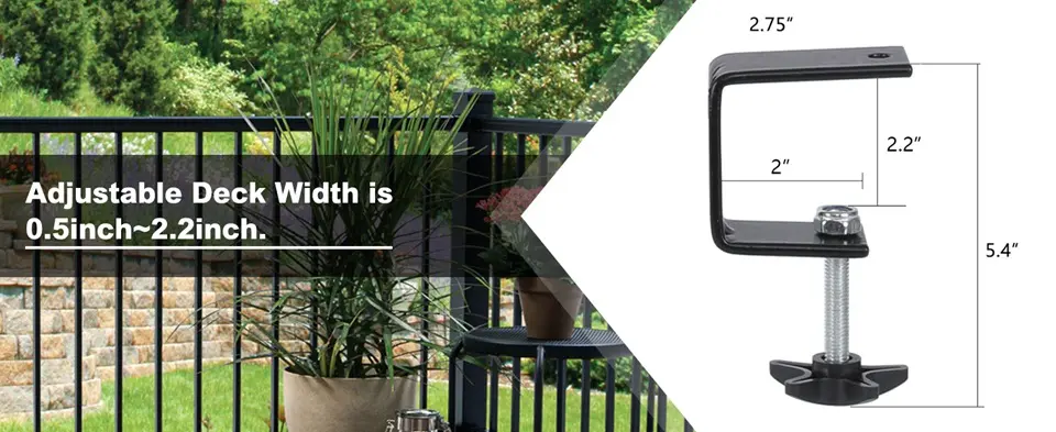42" Heavy Duty Bird Feeder Pole for Deck | Adjustable & Detachable 3 Adjustable clamp for a deck bird feeder pole, showing dimensions and compatibility with various deck railings