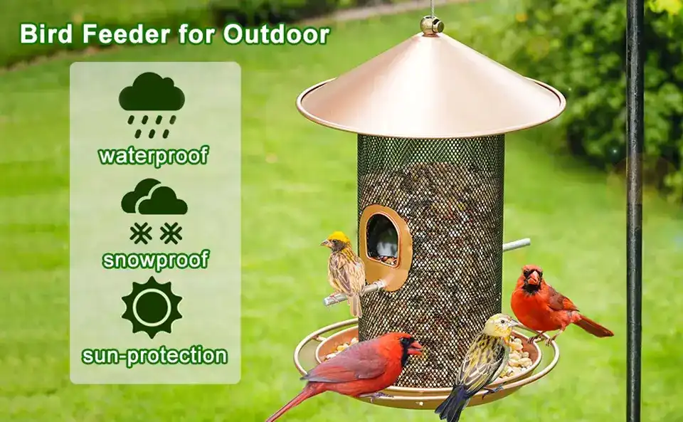 Copper Roof Bird Feeder | 7.5" Roof | 360° Tray | 3lb Capacity 1 outdoor bird feeder with a copper top, offering protection from rain, snow, and sun