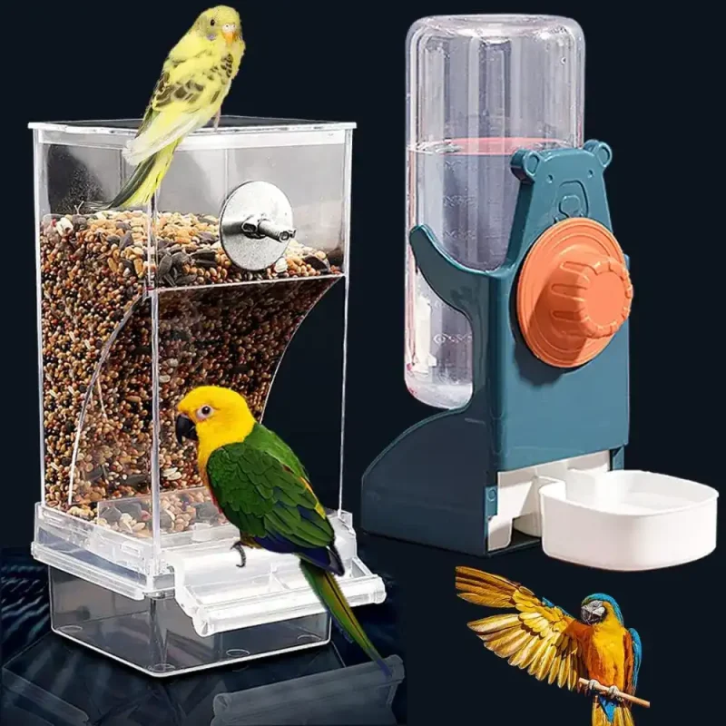 automatic no-mess bird feeder and water dispenser set for cage birds, including parakeets, budgies, and more