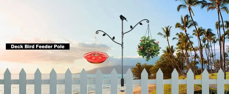 42" Heavy Duty Bird Feeder Pole for Deck | Adjustable & Detachable 1 A bird feeder pole deck with a hanging planter, set against a beautiful beach backdrop