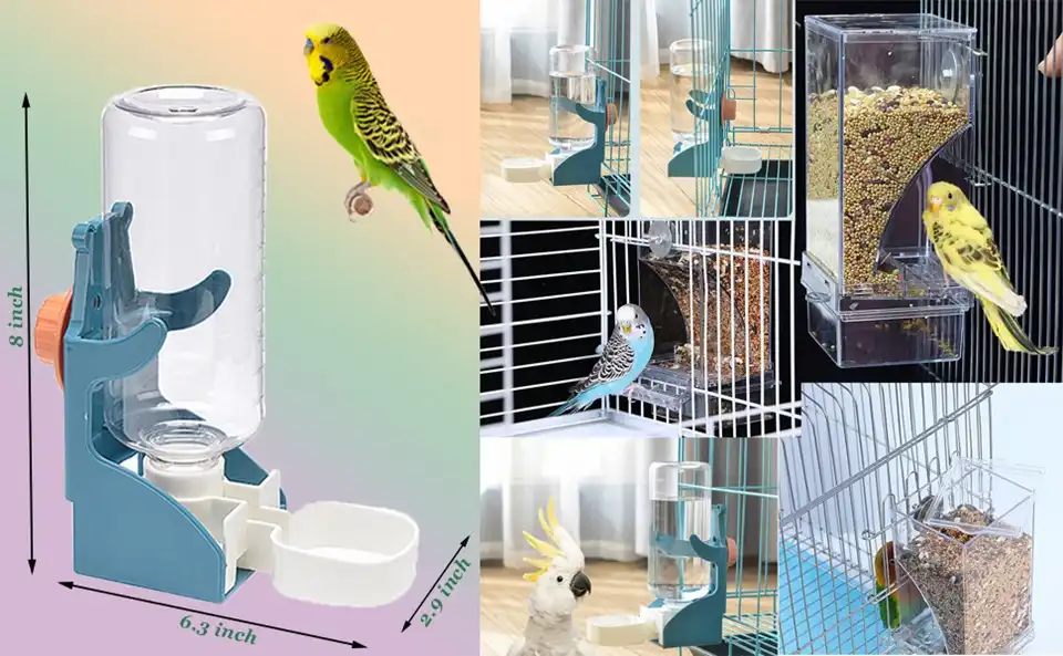 Automatic Bird Feeder for Cage - No Mess, Feeder & Water Set 3 bird feeder and water dispenser for cage, showing size dimensions and suitable for various bird cage setups