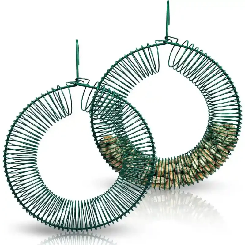 Two green metal blue jay peanut bird feeders, each filled with peanuts