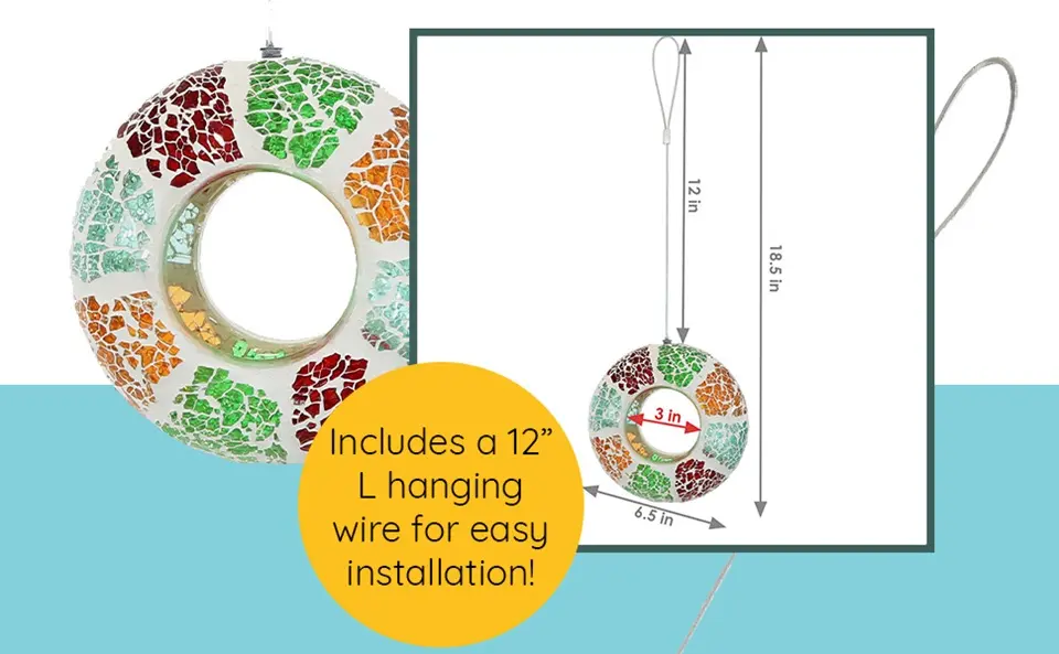 6 Inch Glass Decorative Bird Feeder - Fly-Through | Summer Mosaic 4 dimensions and installation details of a mosaic ring hanging bird feeder decorative with a 12" hanging wire
