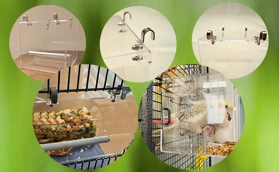 5.1 Inch Bird Cage Feeder No Mess - Automatic Seed Dispenser 2 detailed views of a no-mess bird feeder, showcasing its design, mounting, and use in a bird cage