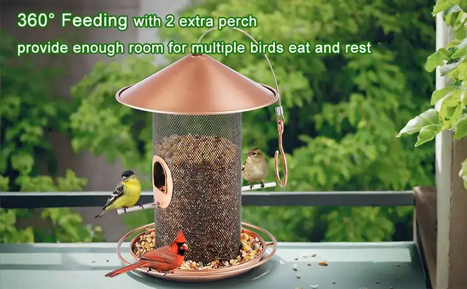 Copper Roof Bird Feeder | 7.5" Roof | 360° Tray | 3lb Capacity 2 copper roof bird feeder with multiple perches, allowing several birds to feed simultaneously
