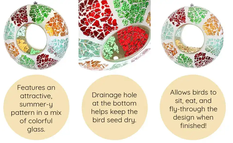 6 Inch Glass Decorative Bird Feeder - Fly-Through | Summer Mosaic 2 multiple views of a colorful mosaic glass fly-through decorative bird feeder for outdoor use