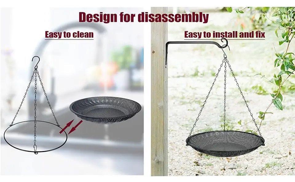 11.8" Large Platform Bird Feeder - Stainless Steel Mesh Tray 2 demonstration of a large platform hanging bird feeder's disassembly design for easy cleaning and installation