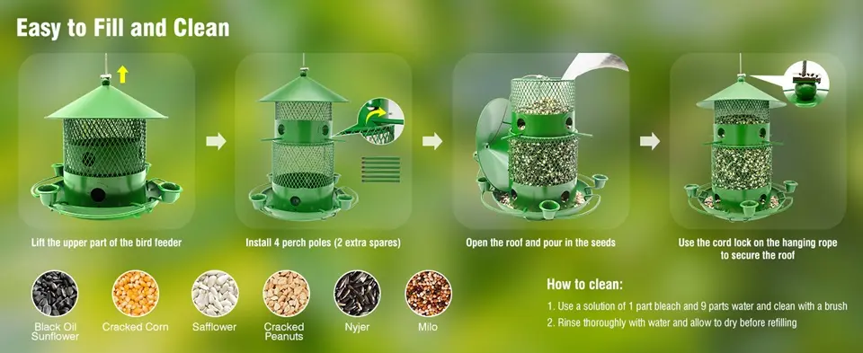 2-Tier Retractable Blue Jay & Cardinal Bird Feeder - Squirrel Proof, 6lb Capacity 2 Easy fill metal bird feeder for blue jays and cardinals, showing instructions for filling with sunflower, safflower, corn, and peanut seeds