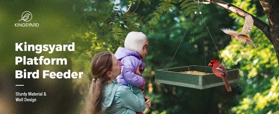 Recycled Plastic Hanging Platform Bird Feeder with 3.5 lbs Large Capacity 4 mother and daughter watching birds at a hanging platform bird feeder