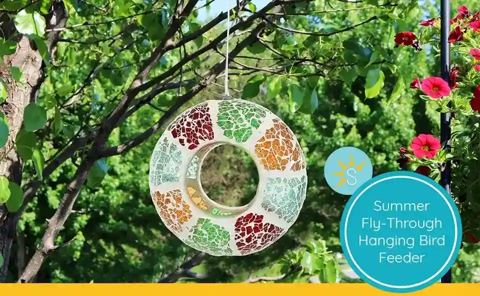 6 Inch Glass Decorative Bird Feeder - Fly-Through | Summer Mosaic 1 a fly-through mosaic glass decorative hanging bird feeder in a garden setting