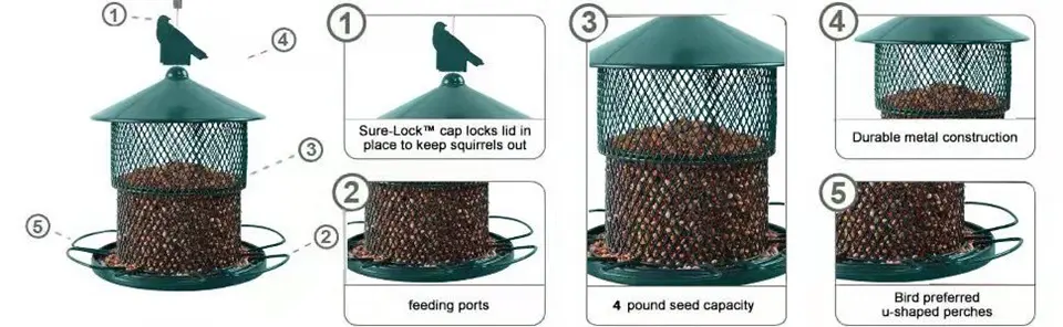 Hanging Heavy Duty Metal Bird Feeder - Squirrel Proof, 4lb Capacity 3 Detailed features of a heavy-duty metal bird feeder with squirrel-proof lock, multiple ports, and 4lb capacity