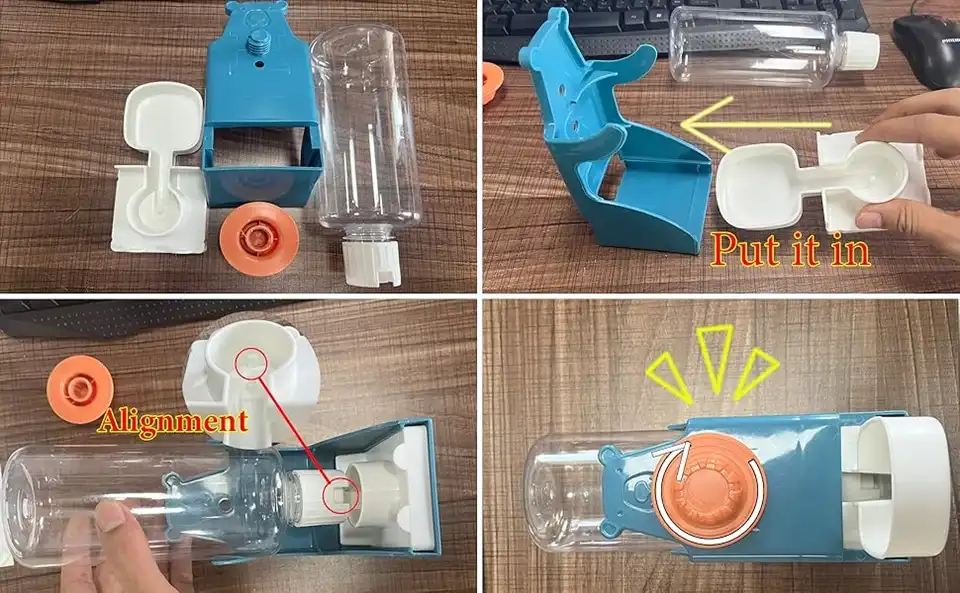 Automatic Bird Feeder for Cage - No Mess, Feeder & Water Set 4 step-by-step instructions on how to assemble a bird water dispenser for cage. Easy installation guide