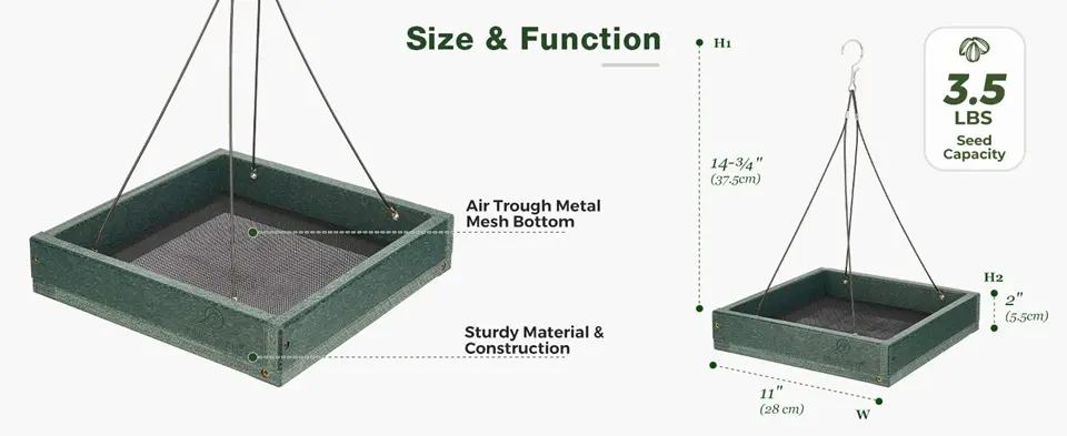 Recycled Plastic Hanging Platform Bird Feeder with 3.5 lbs Large Capacity 5 dimensions of a hanging platform bird feeder with mesh bottom and sturdy construction