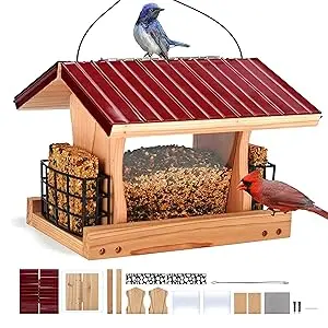 Large Hopper Bird Feeder - DIY Kit, Red Cedar, 10lb Capacity 2 a large cedar hopper bird feeder with a weatherproof metal roof, attracting a bluebird and a cardinal