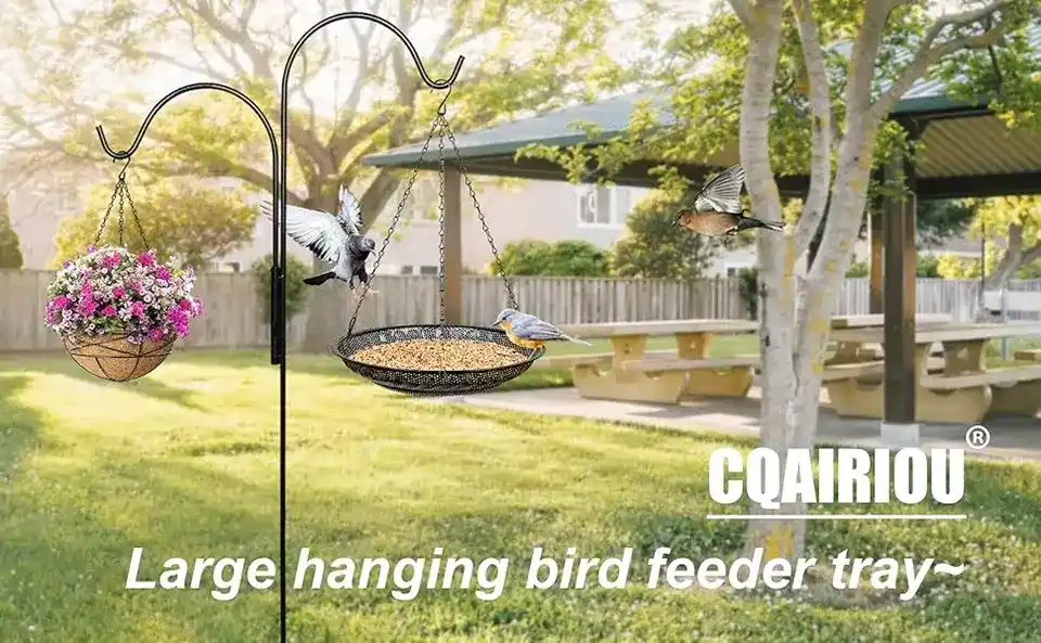 11.8" Large Platform Bird Feeder - Stainless Steel Mesh Tray 1 an 11.8-inch large hanging platform bird feeder attracting birds in a garden setting