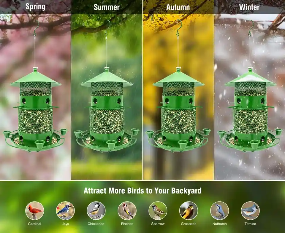 2-Tier Retractable Blue Jay & Cardinal Bird Feeder - Squirrel Proof, 6lb Capacity 3 Green metal bird feeder suitable for all seasons, providing food for a variety of birds, including blue jays and cardinals