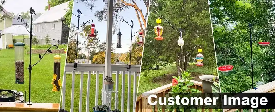42" Heavy Duty Bird Feeder Pole for Deck | Adjustable & Detachable 10 Multiple examples of bird feeder poles for decks installed in various ways, showcasing different setups