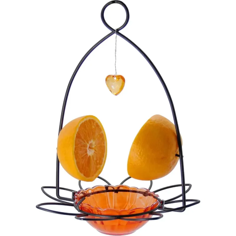 Outdoor hanging oriole feeder with an orange glass dish, designed to attract orioles