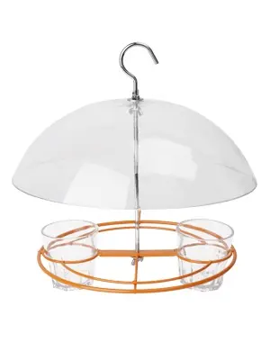 Oriole Grape Jelly Bird Feeder - Weatherproof | Squirrel Proof | Easy Clean 2 An empty oriole grape jelly bird feeder, featuring a clear dome, an orange base, and two jelly cups