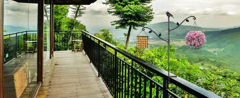 42" Heavy Duty Bird Feeder Pole for Deck | Adjustable & Detachable 6 Bird feeder pole for deck railing on a scenic deck, with hanging feeders and a flower basket