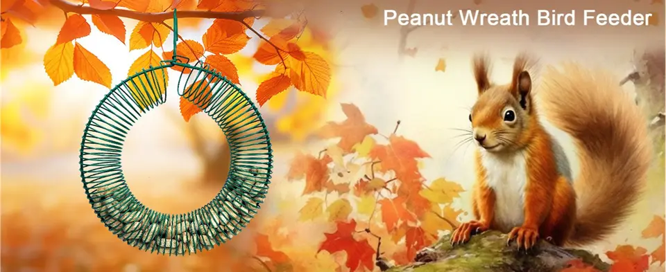 2 Pack Blue Jay Peanut Bird Feeder -Metal Wreath | Outdoor 1 A squirrel eating peanuts from a peanut wreath bird feeder, with autumn leaves in the background