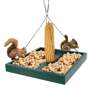 Large Capacity Garden Platform Bird Feeder for Birds & Squirrel 7 A platform bird feeder with peanuts and a corn cob, attracting squirrels
