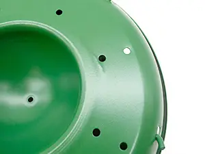 2-Tier Retractable Blue Jay & Cardinal Bird Feeder - Squirrel Proof, 6lb Capacity 7 Close-up of a green metal bird feeder showing 16 large drainage holes that prevent seeds from getting wet