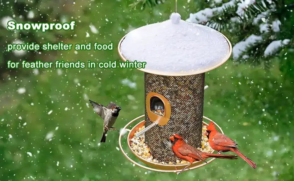 Copper Roof Bird Feeder | 7.5" Roof | 360° Tray | 3lb Capacity 3 snow-proof copper roof bird feeder providing food and shelter for birds in winter