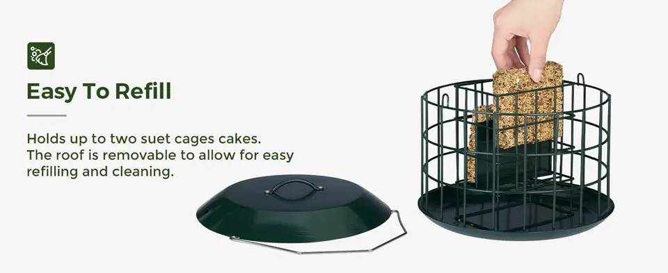 Metal Squirrel Proof Suet Bird Feeder - 2X Capacity - Weatherproof 3 Suet bird feeder squirrel proof, green metal cage, easy to refill with suet cakes