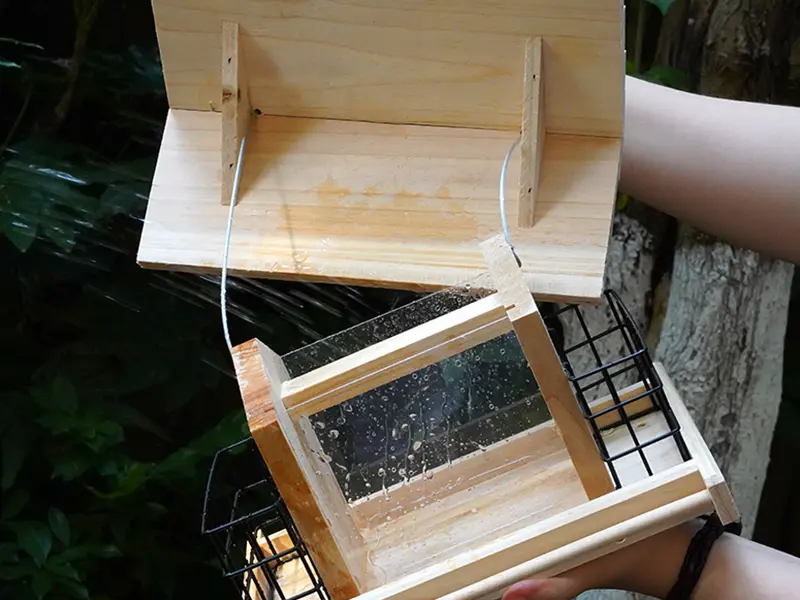 Wooden Bird Feeder with Roof - Large Capacity, Pine, 2 Suet Cages 6 this washable bird feeder roof design allows for convenient cleaning with water