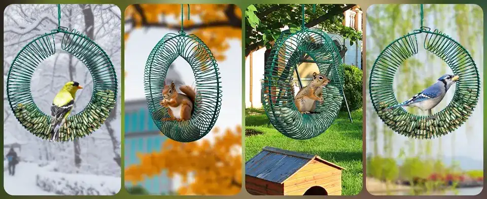 2 Pack Blue Jay Peanut Bird Feeder -Metal Wreath | Outdoor 5 Blue jay peanut bird feeder shown in four seasons, with various birds and squirrels feeding
