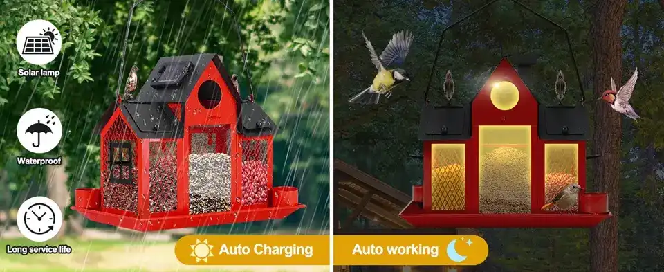 Solar Large Cardinal Bird Feeder Squirrel Proof 4 auto charging working solar bird feeder waterproof