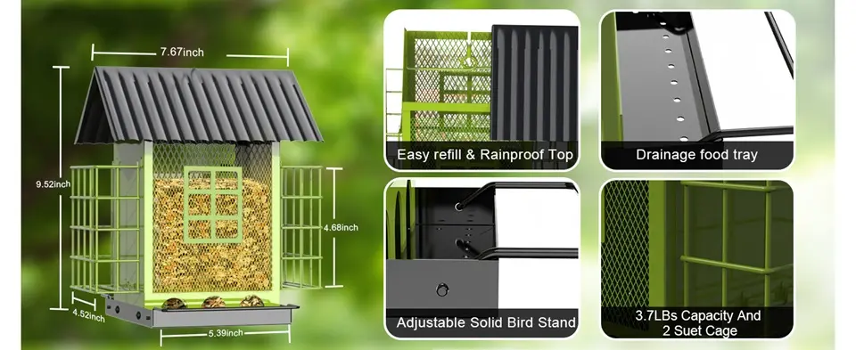 Large Capacity Double Suet Bird Feeder for Outdoors Hanging 4 dimensions easy refill rainproof double suet bird feeder features