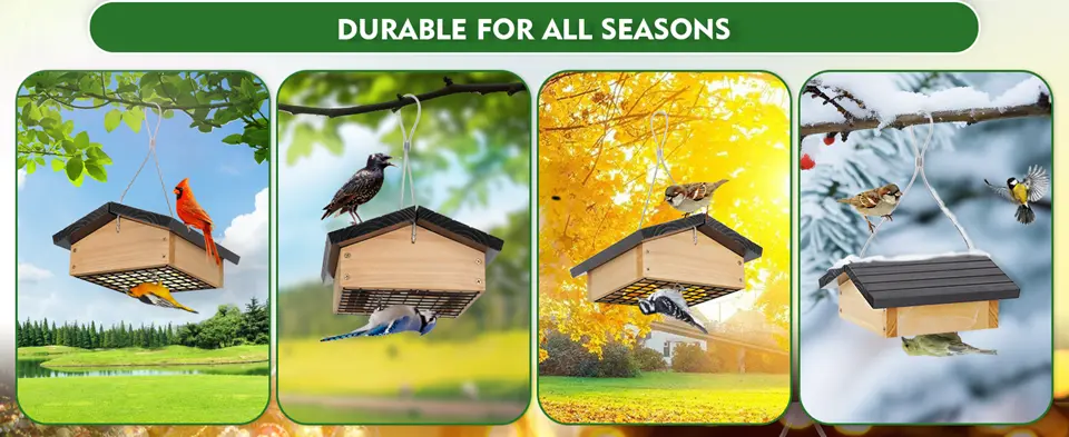 Upside Down Bird Feeder - Squirrel Proof, Cedar Wood, Easy Refill 4 large weather roof cedar upside down suet feeder