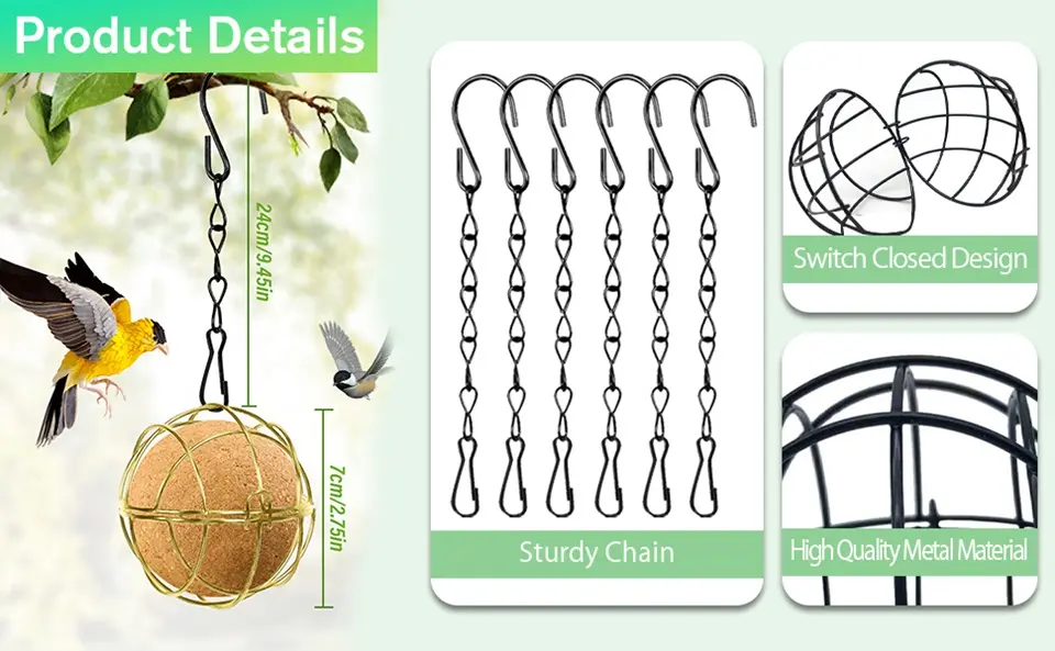 6 Pcs Round Suet Ball Bird Feeders - Metal Hanging with Hooks 2 product details metal suet ball bird feeder sturdy design
