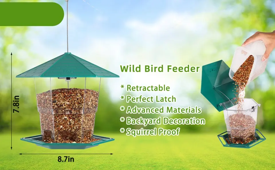 Small Squirrel Proof Bird Feeder - Green, 3LB Capacity 1 small retractable squirrel proof bird feeder dimensions features